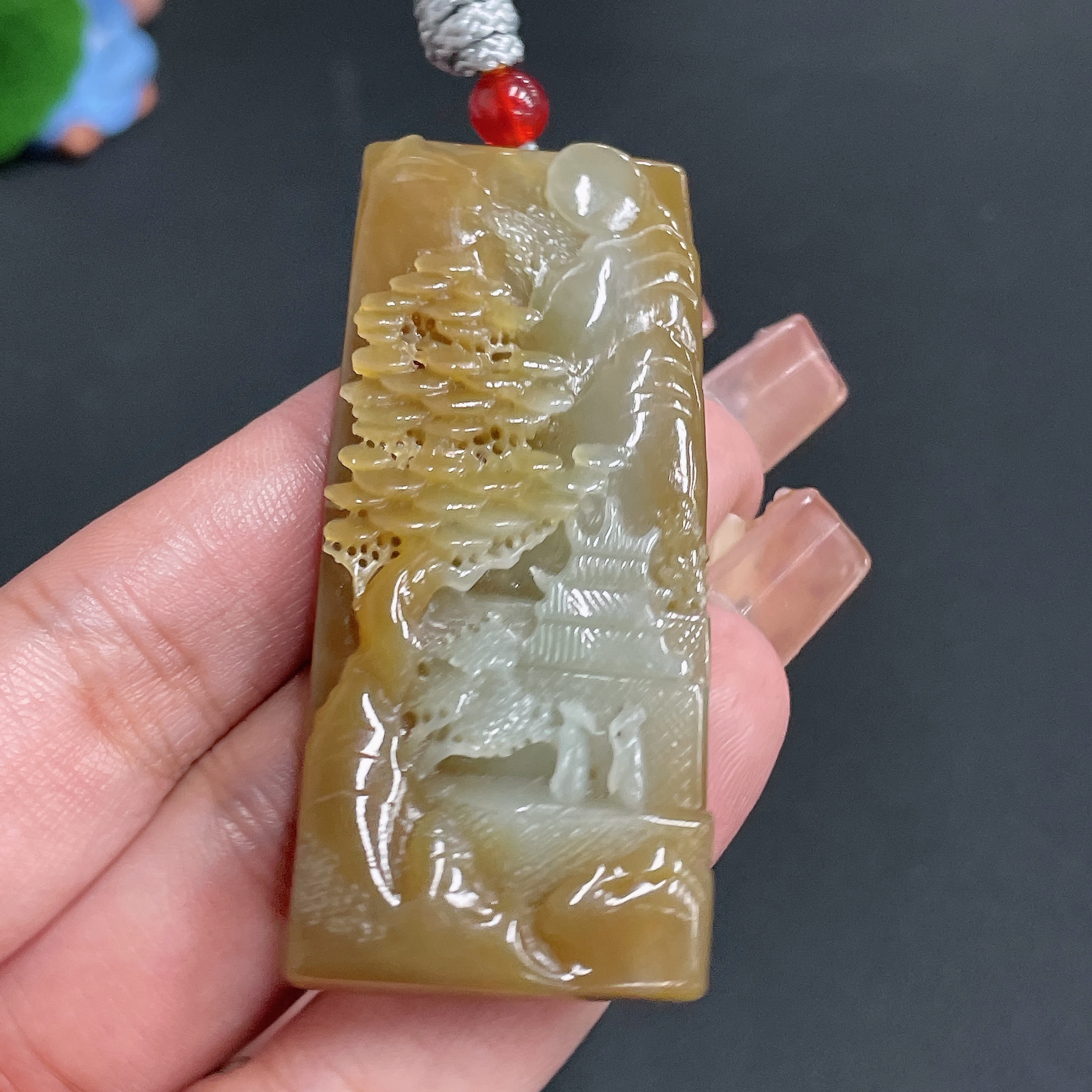 H22442127 Hetian Jade Pendant Landscape Plaque with Cord Total Weight 35.61g