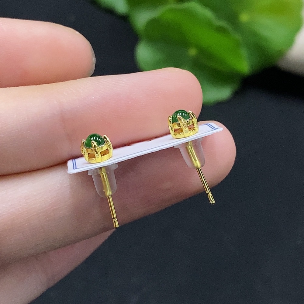 F34996123 Jadeite Cabochon Inlaid Earrings Non-Gold Inlaid Total Weight Approx.0.64g