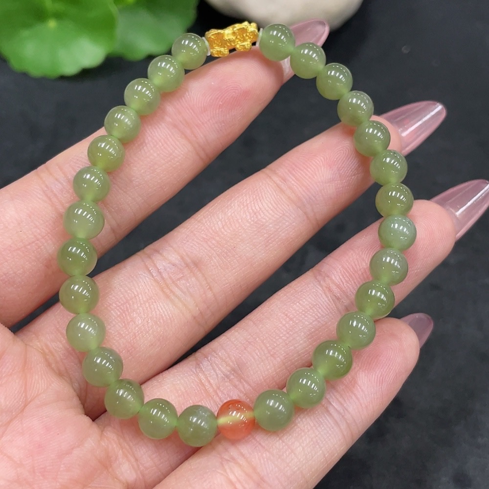 H33858594 Hetian Jade Bracelet, Approx. 5.9mm, Total Weight Approx. 9.5g, 99% Gold Content, Non-Hetian Jade Beads