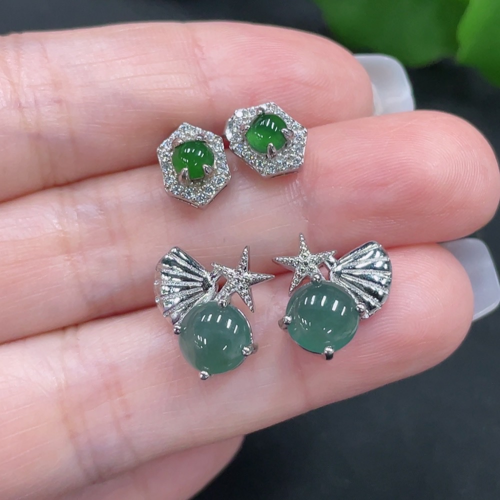 F27095438 Jadeite Inlaid Earrings Sell as a Lot (Non-Gold Inlaid)
