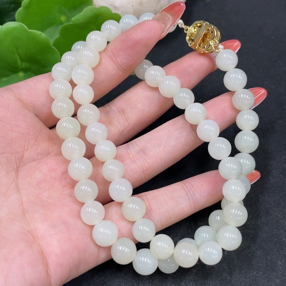 H35113565 Hetian Jade Bead Necklace Non-Gold Size about 8.4mm Total Weight about 50.6g