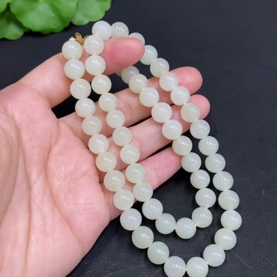 H34970438 Hetian Jade Bead Necklace, Approx. 8mm, Non-Gold Inlaid, Total Weight Approx. 47.9g