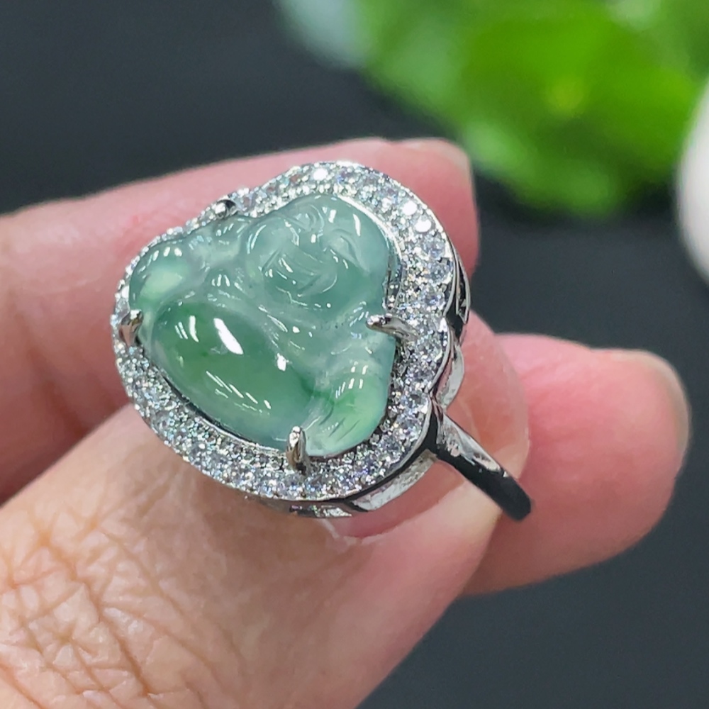 F34977816 Jadeite Buddha Inlaid Ring Non-Gold Inlaid Adjustable Size Total Weight Approx. 3.26g