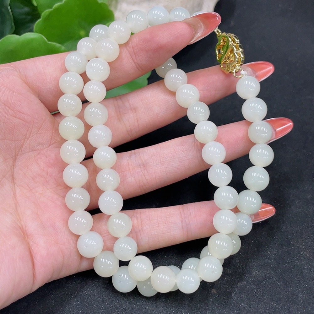 H35113565 Hetian Jade Bead Necklace Non-Gold Size about 8.4mm Total Weight about 50.6g