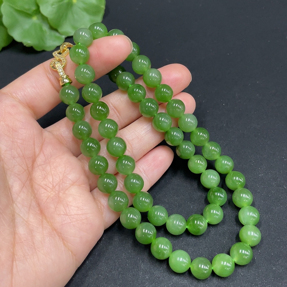H35102452 Hetian Jade Bead Necklace, approx. 7.8mm, non-gold inlaid, total weight approx. 44.1g