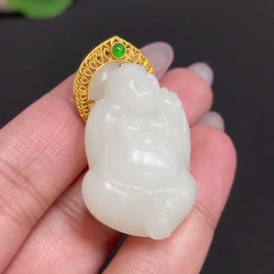 H33900891 Hetian Jade Inlaid Pendant - Buddha, Total Weight Approx. 19.5g, 18k, Beads Not Hetian Jade