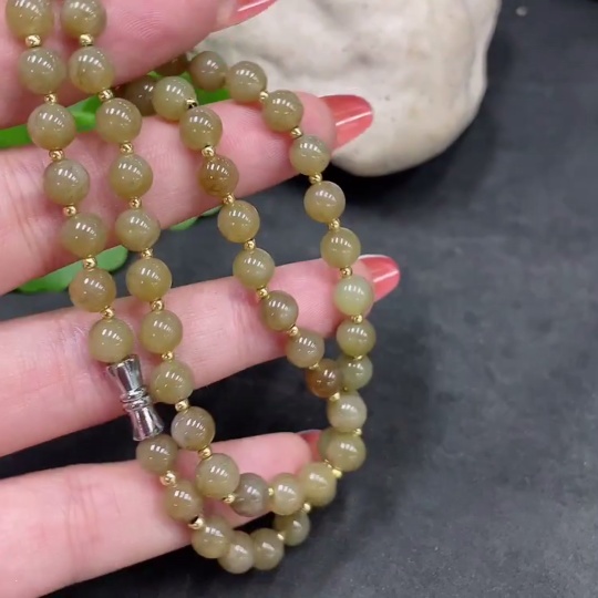 H34016824 Hetian Jade Bead Necklace, Approx. 6mm, Non-Gold, Total Weight Approx. 21.4g