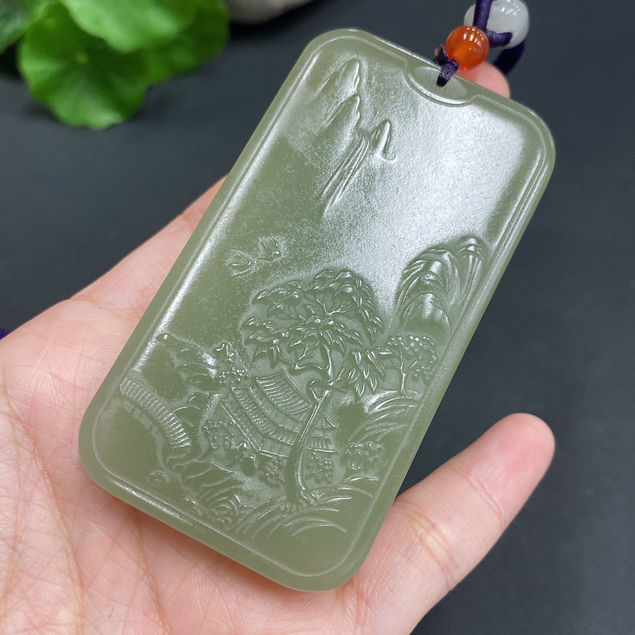 H18974711 Hetian Jade Pendant - Landscape Plaque, Total Weight Approx. (Including Rope) 76.9g