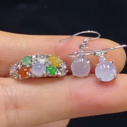 F34044525 Jadeite Inlaid Ring/Earrings Non-Gold Adjustable Red/Yellow Part Color Origin Undetermined