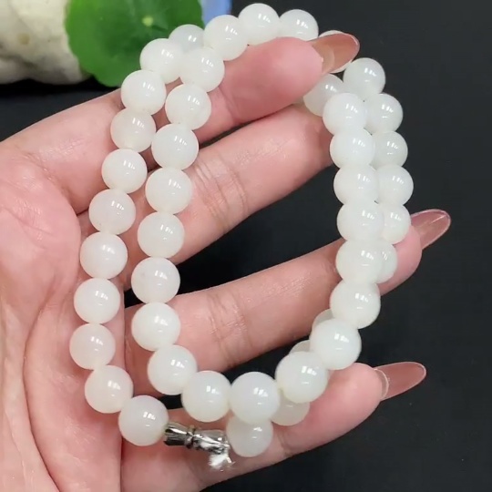 H35100014 Hetian Jade Bead Necklace, Approx. 9.1mm, Total Weight Approx. 61.5g