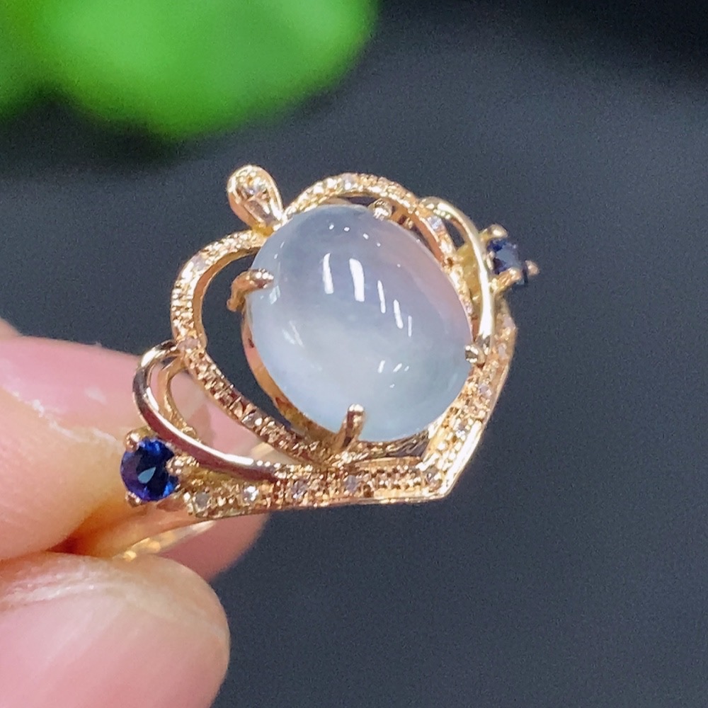 F28192091 Jadeite Cabochon Set Ring 18k Gold Setting Size 14 Total Weight Approx. 1.8g with Diamond Accents