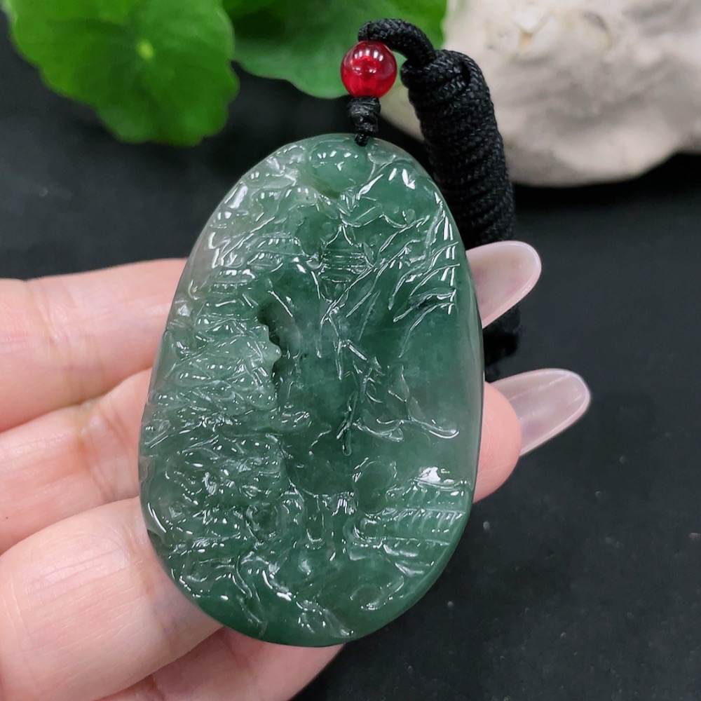 F34069181 Jadeite Landscape Pendant Total Weight Approx. 28.3g (Including Rope Weight)
