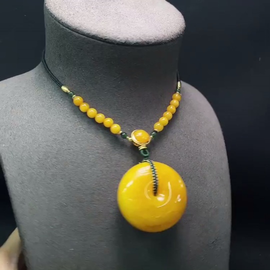 C28312062 Amber Beeswax Pendant with Hetian Jade, Total Weight Including Rope Approximately 34.68g, Non-Gold-Inlaid