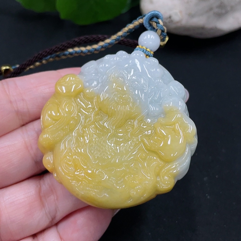 F35082311 Jadeite God of Wealth Pendant Total Weight Approx. 48.5g (Including Rope Weight)