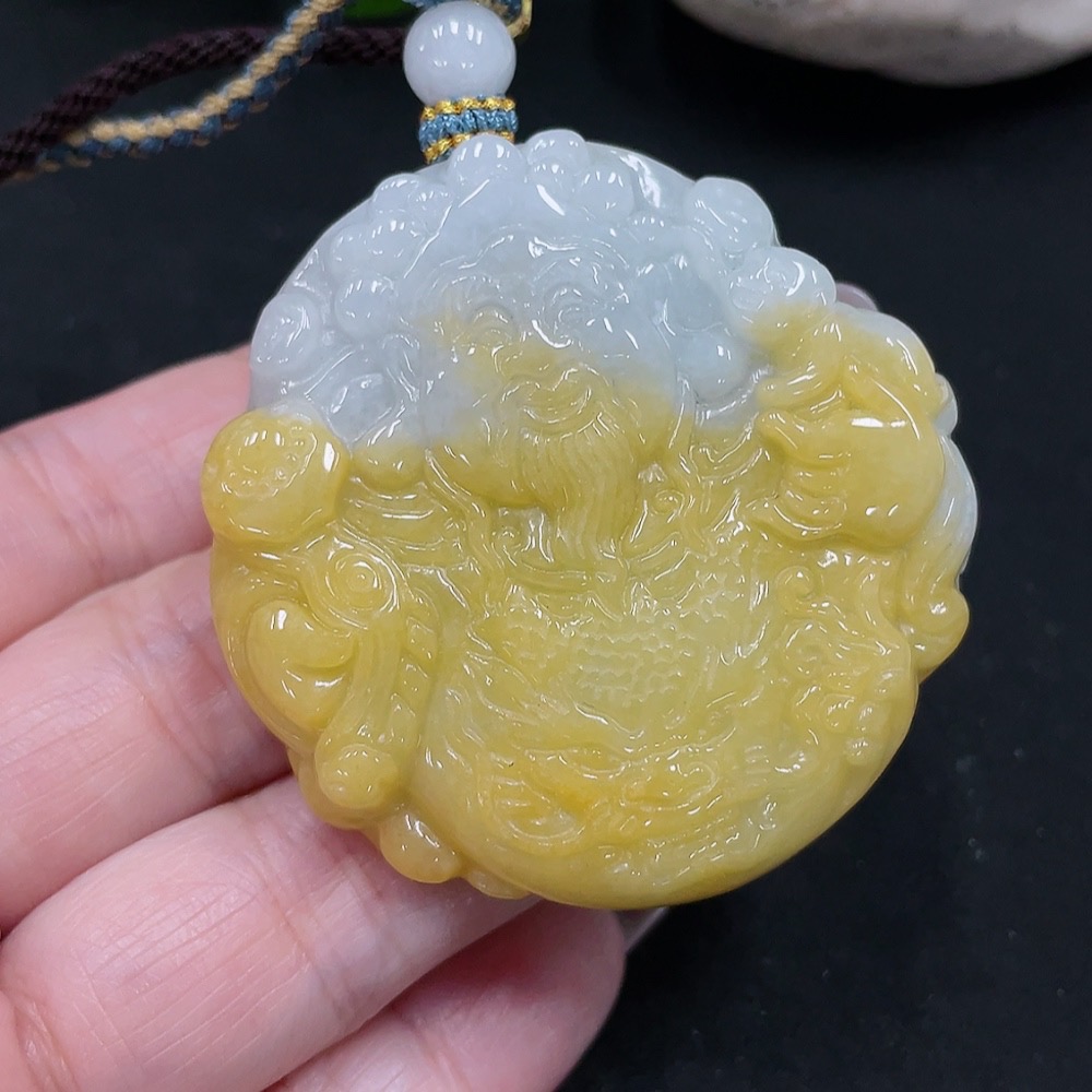 F35082311 Jadeite God of Wealth Pendant Total Weight Approx. 48.5g (Including Rope Weight)