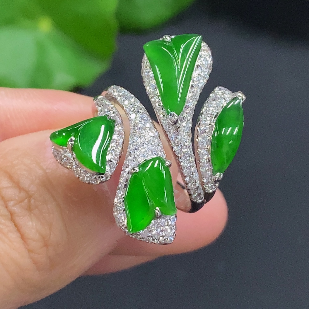 F30452380 Jadeite Inlaid Ring 18K Gold Size 13 Total Weight Approx. 9.6g (With Diamond Accents)