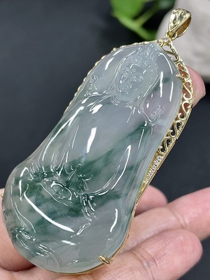 F39630619 翡翠镶嵌观音吊坠 无印记 测金含量18k 非钻 货品总约重30g