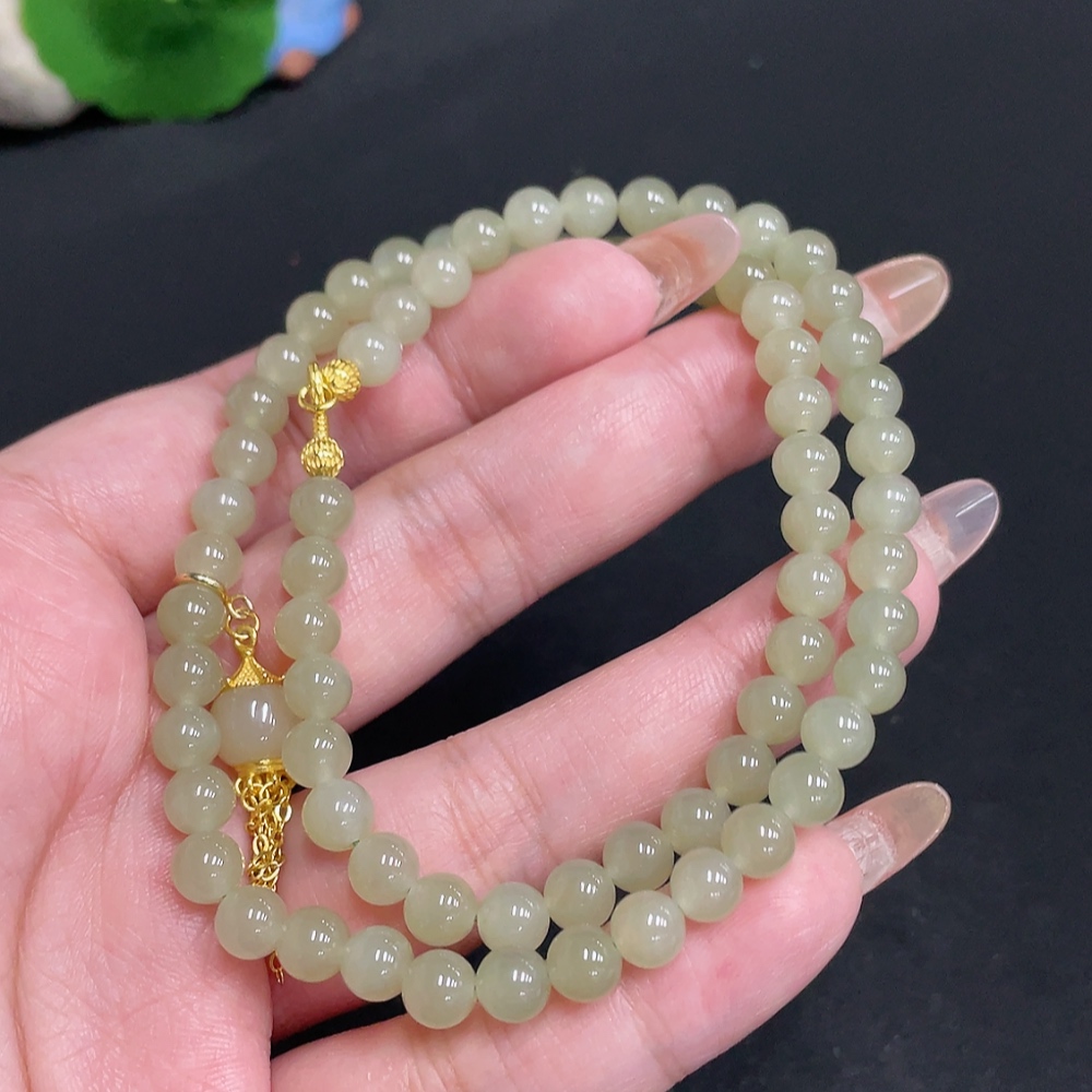 H32804412 Hetian Jade Bead Necklace Approx. 5.8mm Beads Total Weight About 23.8g Non-Gold