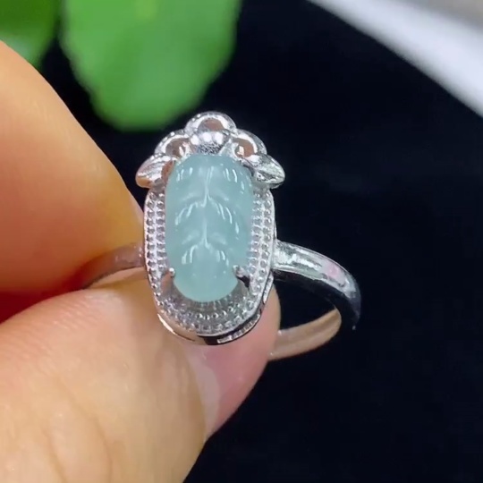 F34074854 Jadeite Leaf Inlaid Ring Non-Gold Adjustable Total Weight Approx. 3.5g