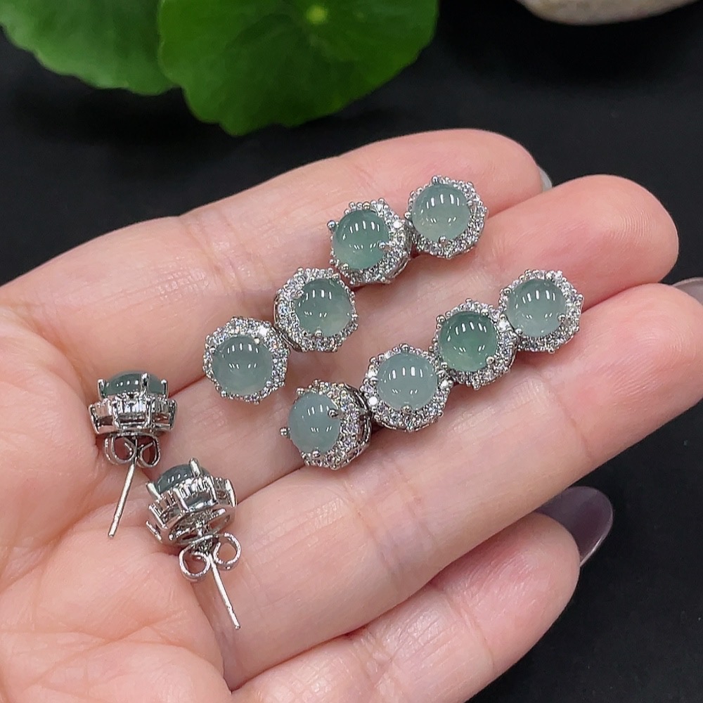 F34981779 Jadeite cabochon inlaid earrings non-metal inlaid