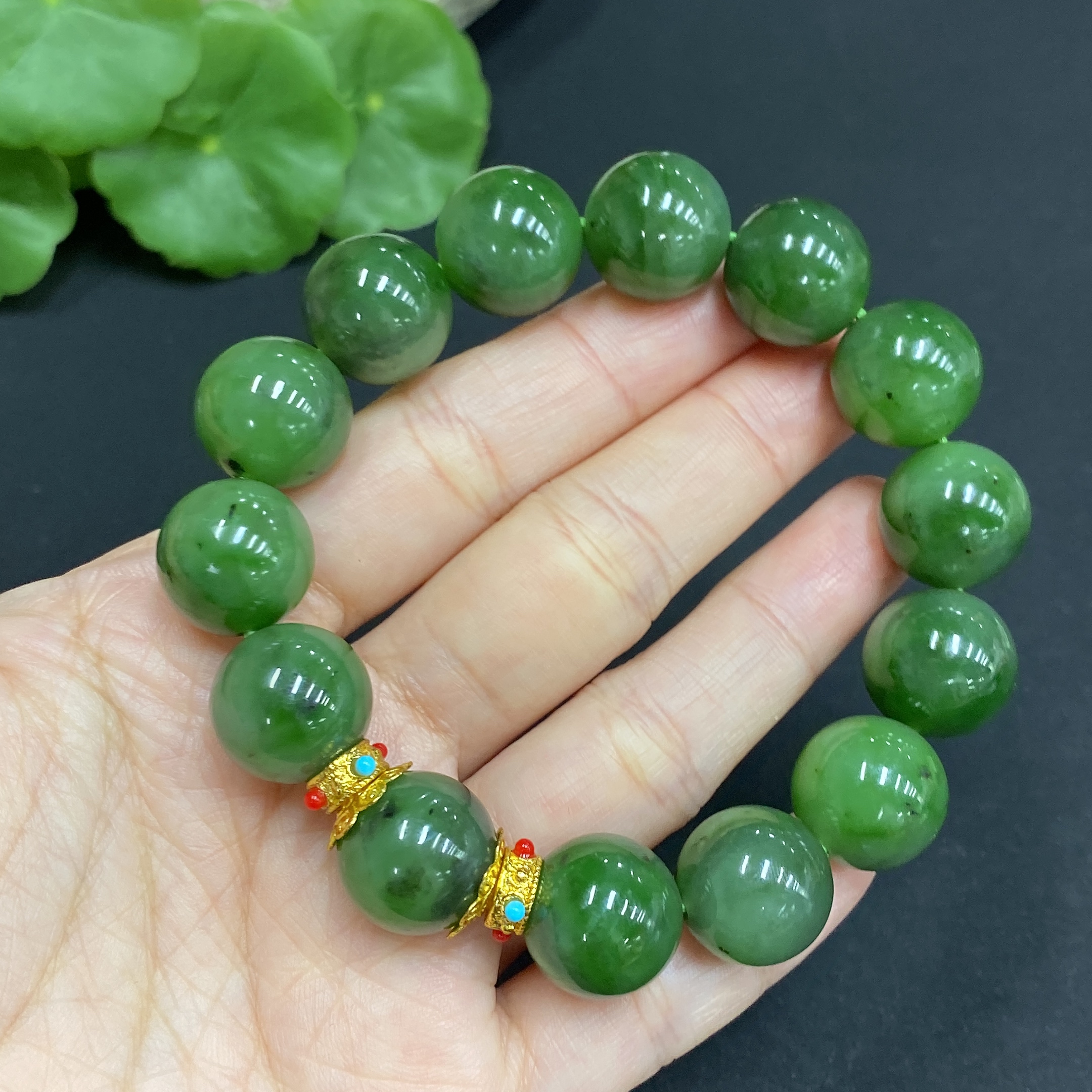 H34014627 Hetian Jade Green Jade Bracelet Approx. 14mm Non-Gold-Inlaid Total Weight About 63g