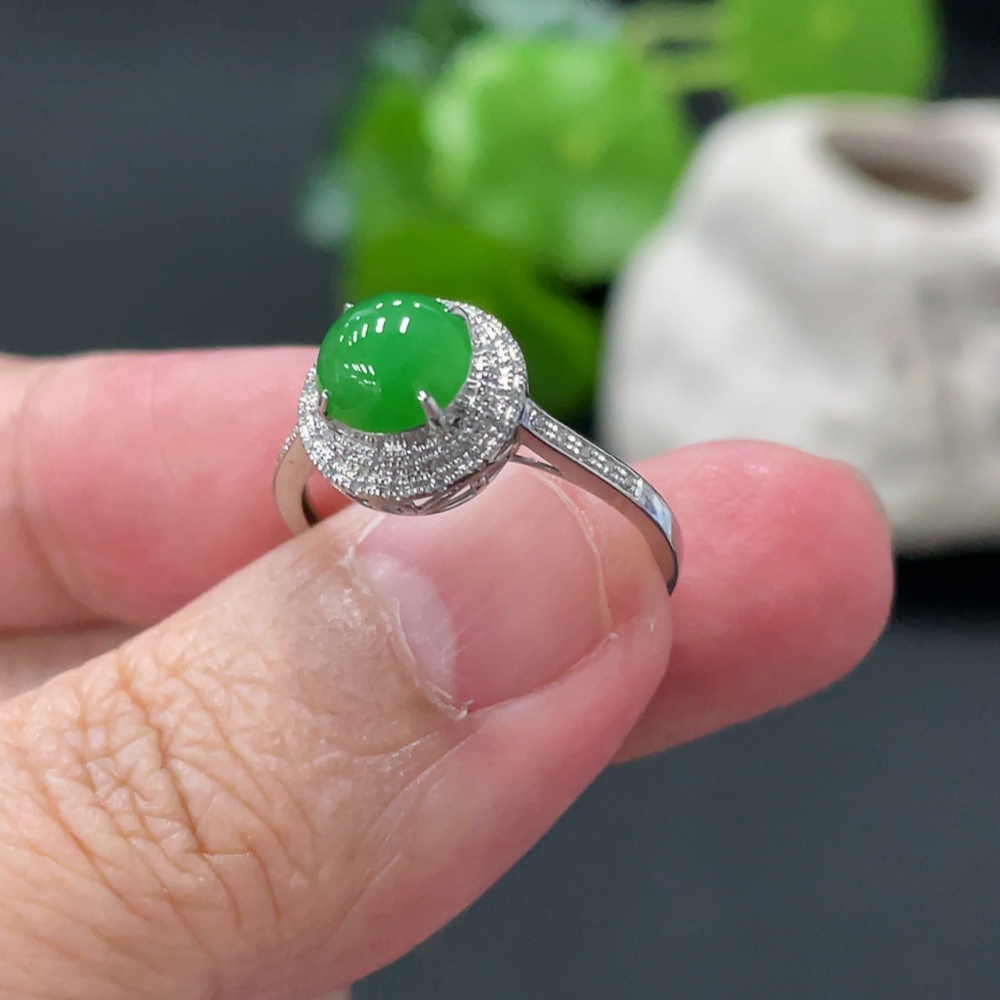 F34018362 Jadeite Cabochon Inlaid Ring 18K Gold Setting Size 14 Total Weight Approx. 1.5g