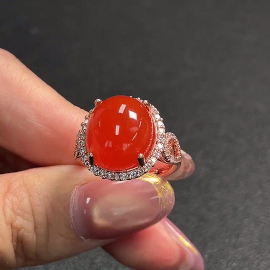 C28224829 Red Agate Inlaid Ring, Non-Gold Setting, Adjustable, Total Weight Approx. 5.99g