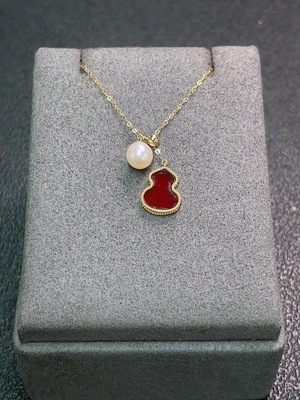 C34950987 18K Onyx Necklace with Pearl and Simulated Stones, Total Weight Approx. 1.26g, Stone Size About 5.9mm