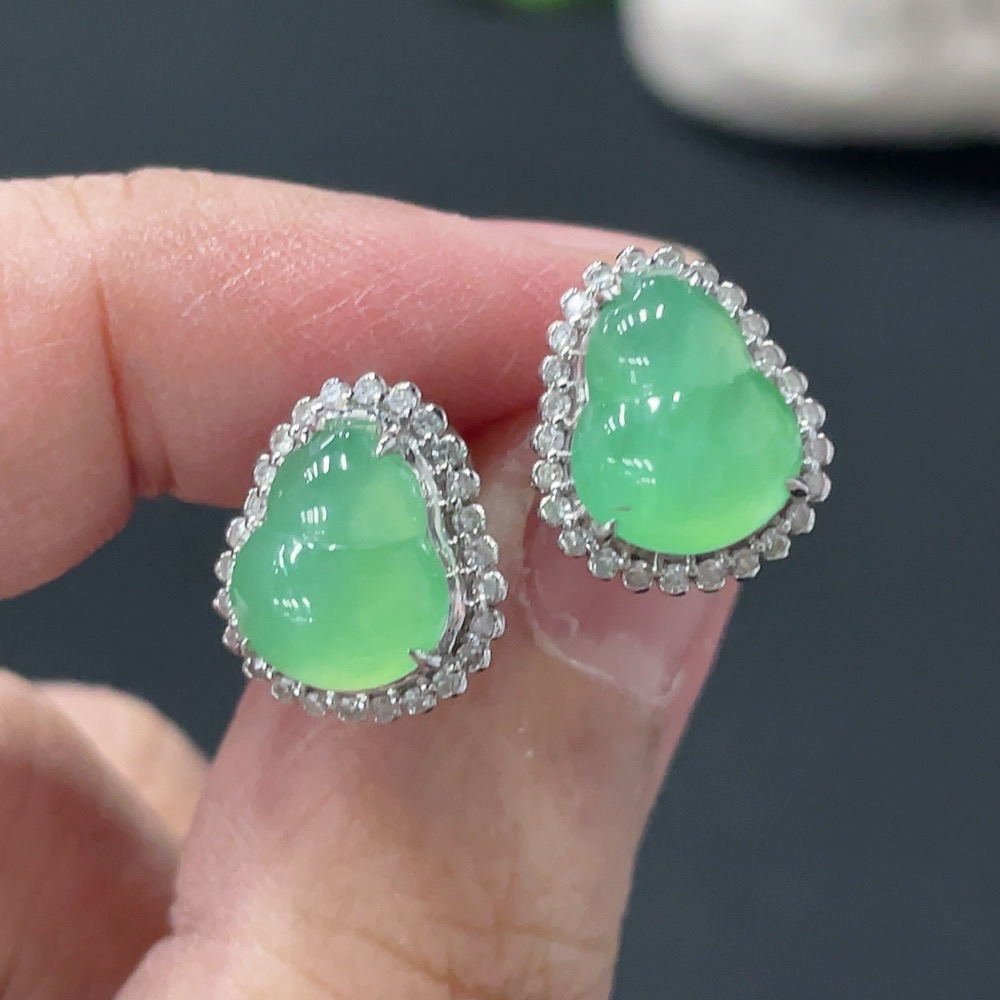 F30519099 Jadeite Earrings 18k with Diamond Accents Total Weight Approx. 3g (Excluding Ear Backs)