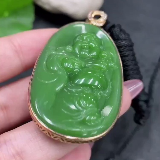 H33840403 Hetian Jade Inlaid Pendant, Buddha, Total Weight (with rope) approx. 30.2g, Large 1pc Non-Diamond, 18k
