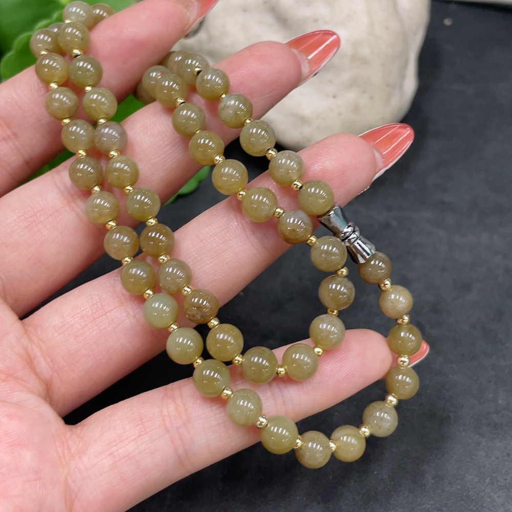 H34016824 Hetian Jade Bead Necklace, Approx. 6mm, Non-Gold, Total Weight Approx. 21.4g
