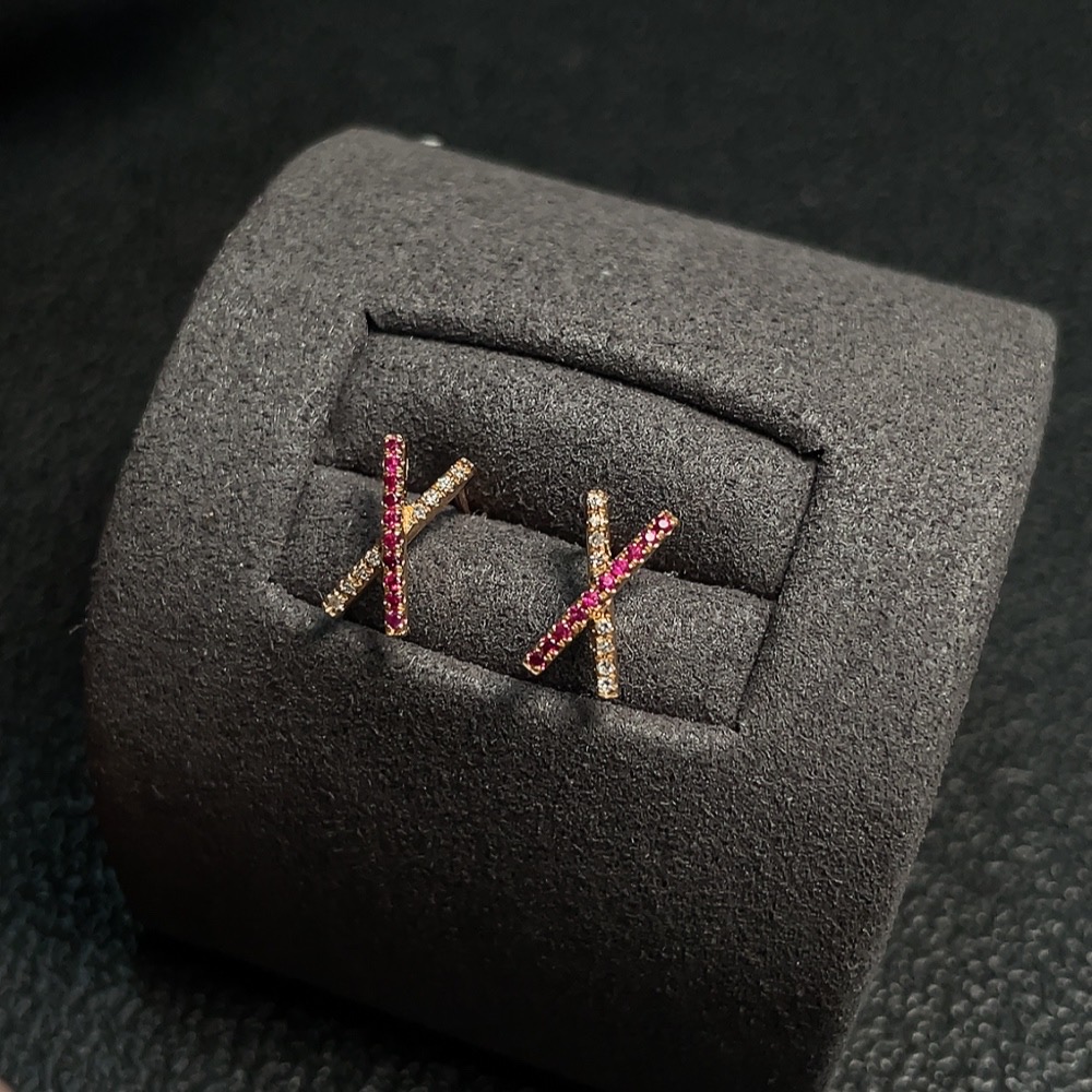 C30469500 Ruby Earrings Set in 18K Gold, Total Weight Approx. 0.63g, with Diamond Accents