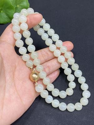 H34015541 Hetian Jade Bead Necklace Approx. 7.8mm Non-Gold-Inlaid Total Weight About 53.2g