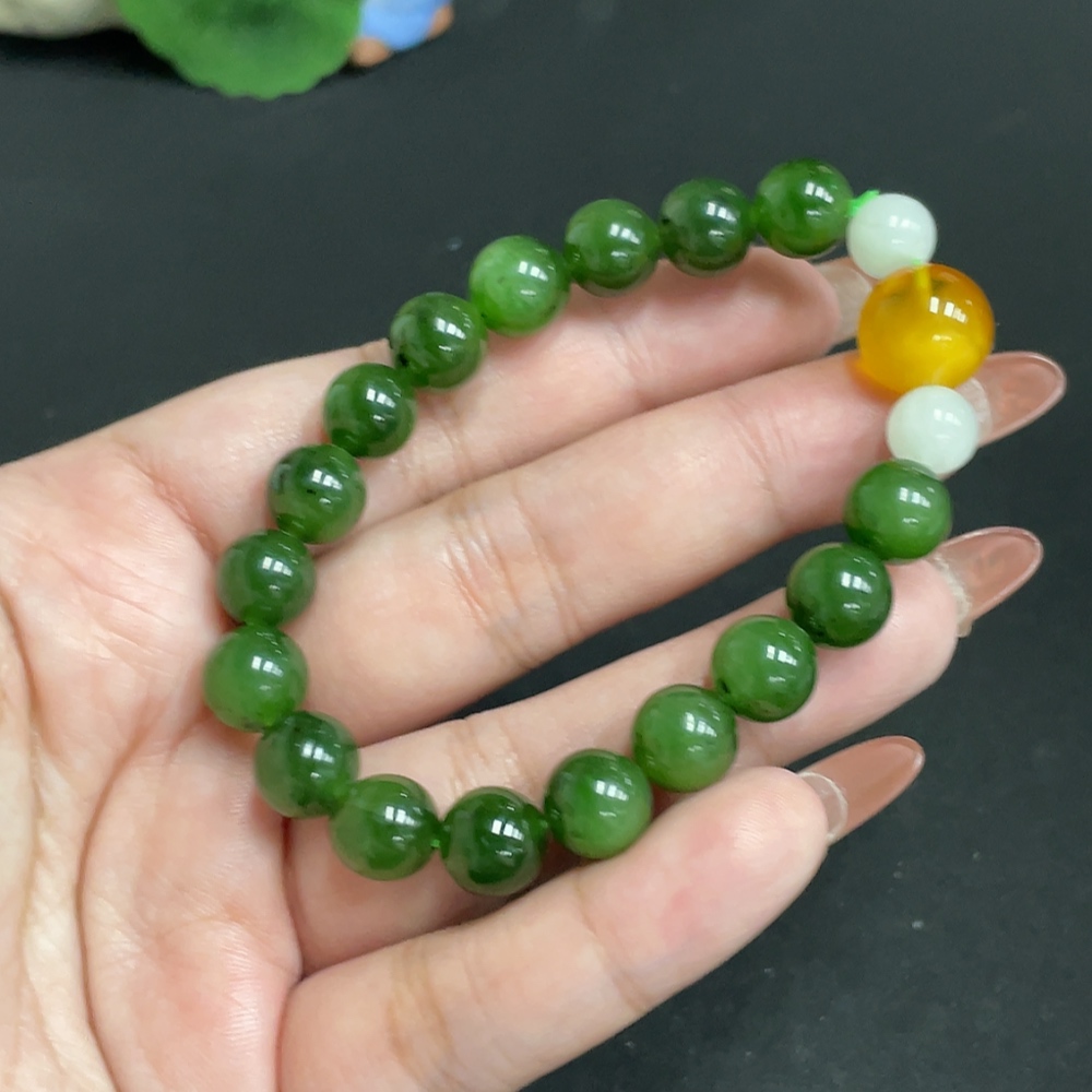 H35118682 Hetian Jade Jasper Bead Bracelet, approx. 9.2mm, total weight approx. 25.4g, containing other mineral components, paired with amber