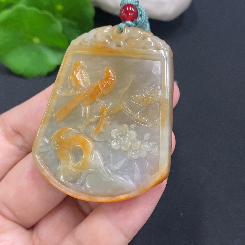 F29390403 Jadeite Blossoms of Wealth and Honor Pendant Total weight with string approx. 40.1g (Color origin undetermined)
