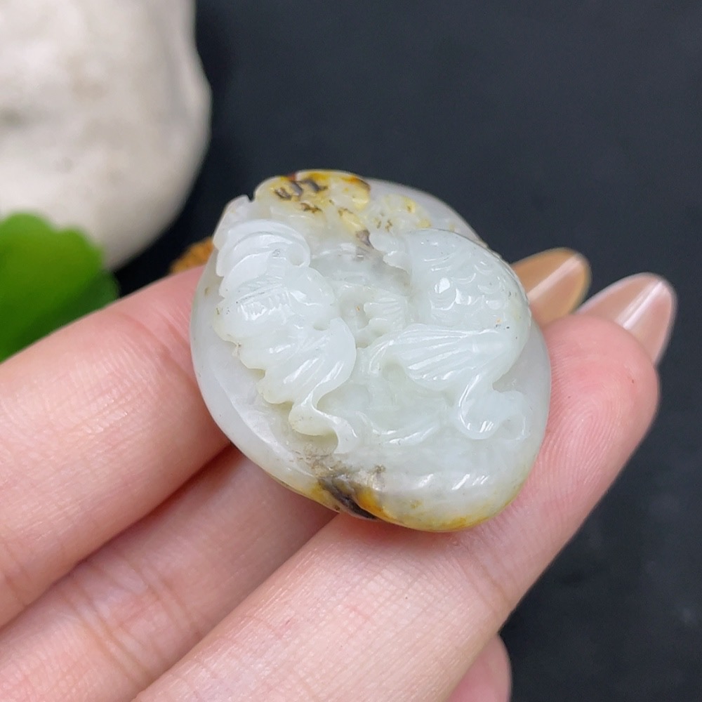 H31663604 Hetian Jade Pendant - Abundance Every Year, Undetermined Skin Color Origin, Total Weight (including rope) Approx. 19.9g