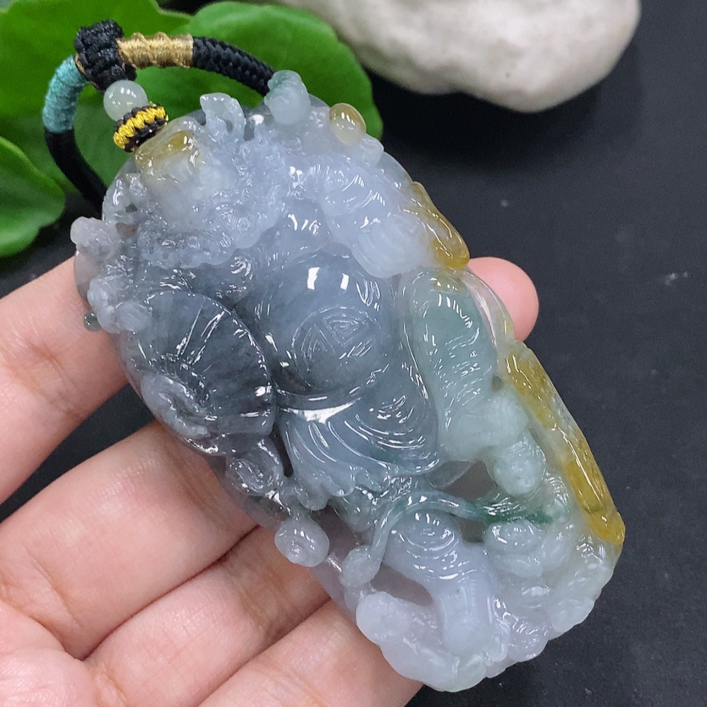 F34000183 Jadeite Pendant God of Wealth with Other Mineral Components Including Rope Total Weight Approx. 74.6g