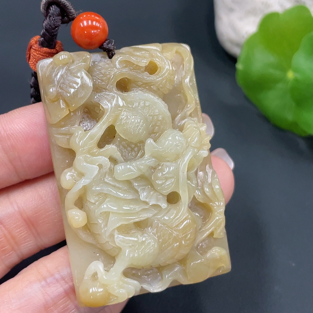 H18995898 Hetian Jade Pendant Dragon Plaque Total Weight Approx. (Including Rope) 43.4g