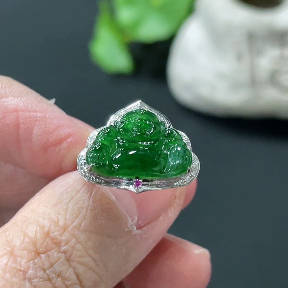 F35145613 Jadeite Buddha Inlaid Ring 18k Gold Setting Size 13 Total Weight Approx. 2.3g With Diamond (Colorless) Inlay