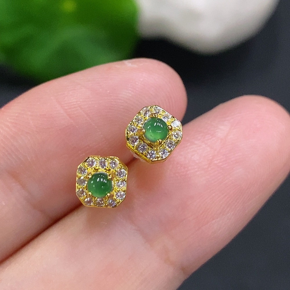 F34001329 Jadeite Cabochon Stud Earrings Non-Gold Setting Total Weight Approx. 0.7g