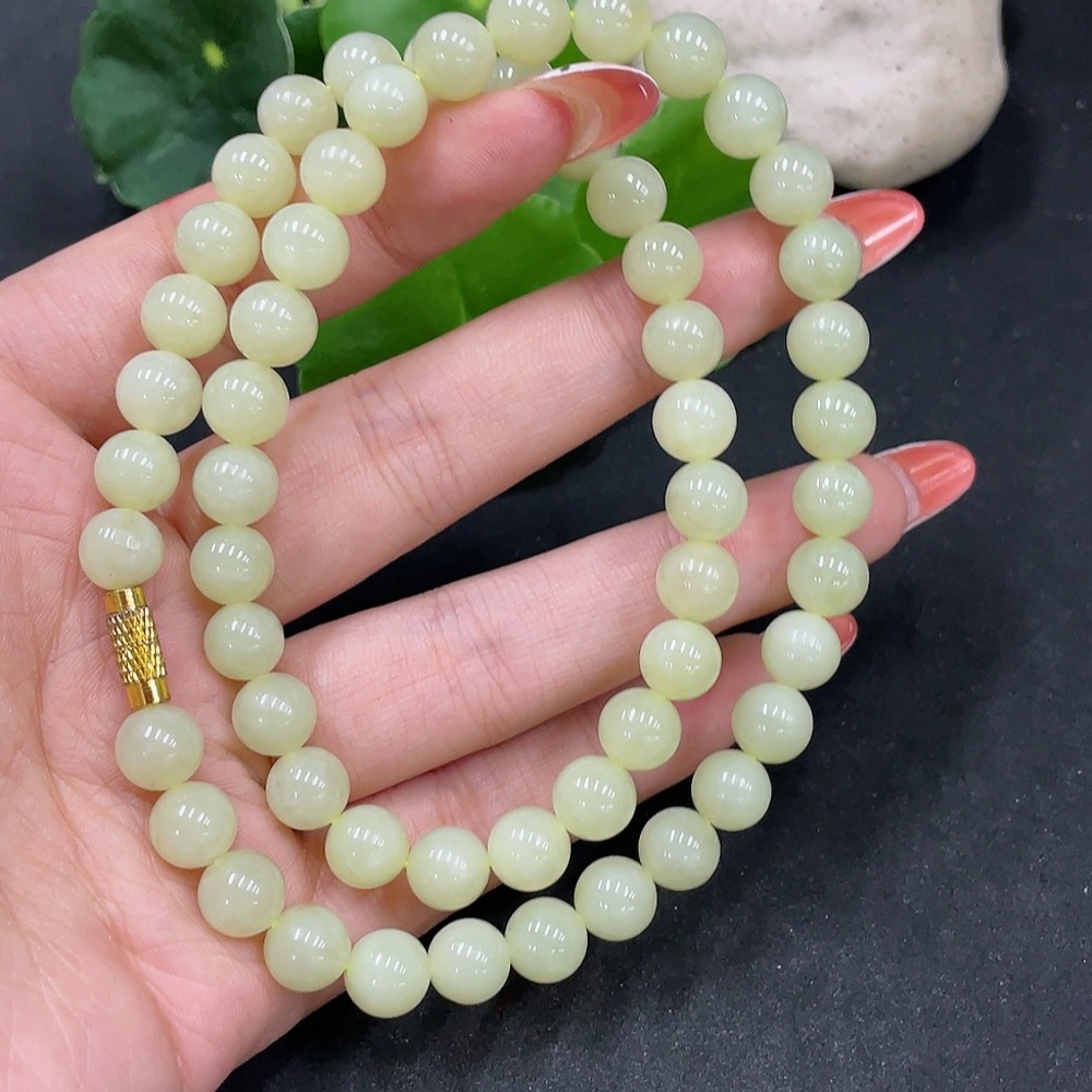 H35084610 Hetian Jade Bead Necklace Non-Gold Beads Approx. 7.8mm Total Weight Approx. 43.2g