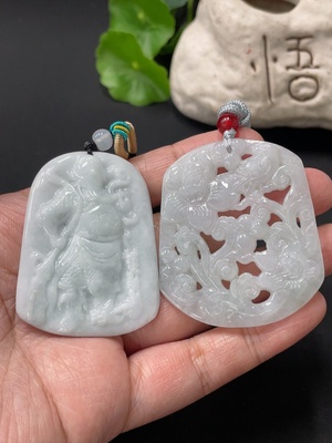 F33836613 Jadeite Pendant Guan Gong Plaque Flourishing Wealth With Non-A Grade Beads
