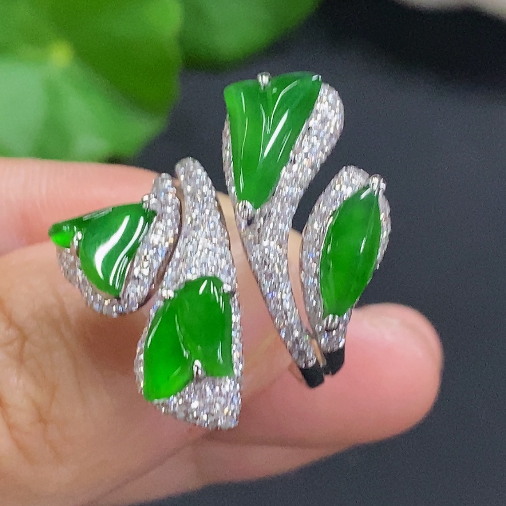 F30452380 Jadeite Inlaid Ring 18K Gold Size 13 Total Weight Approx. 9.6g (With Diamond Accents)