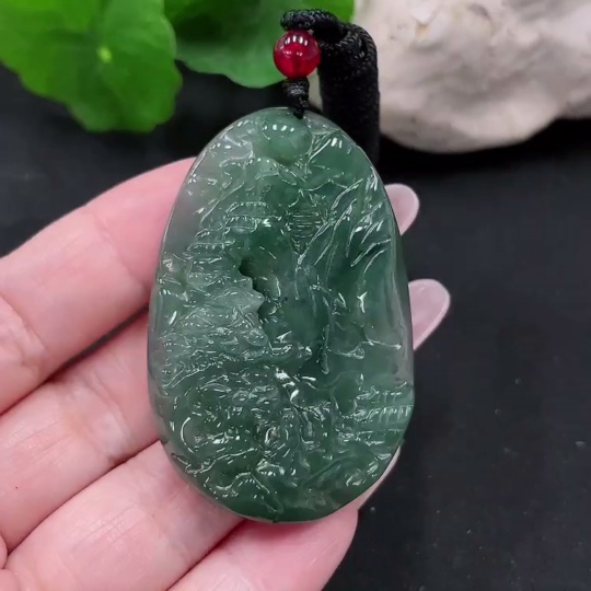F34069181 Jadeite Landscape Pendant Total Weight Approx. 28.3g (Including Rope Weight)