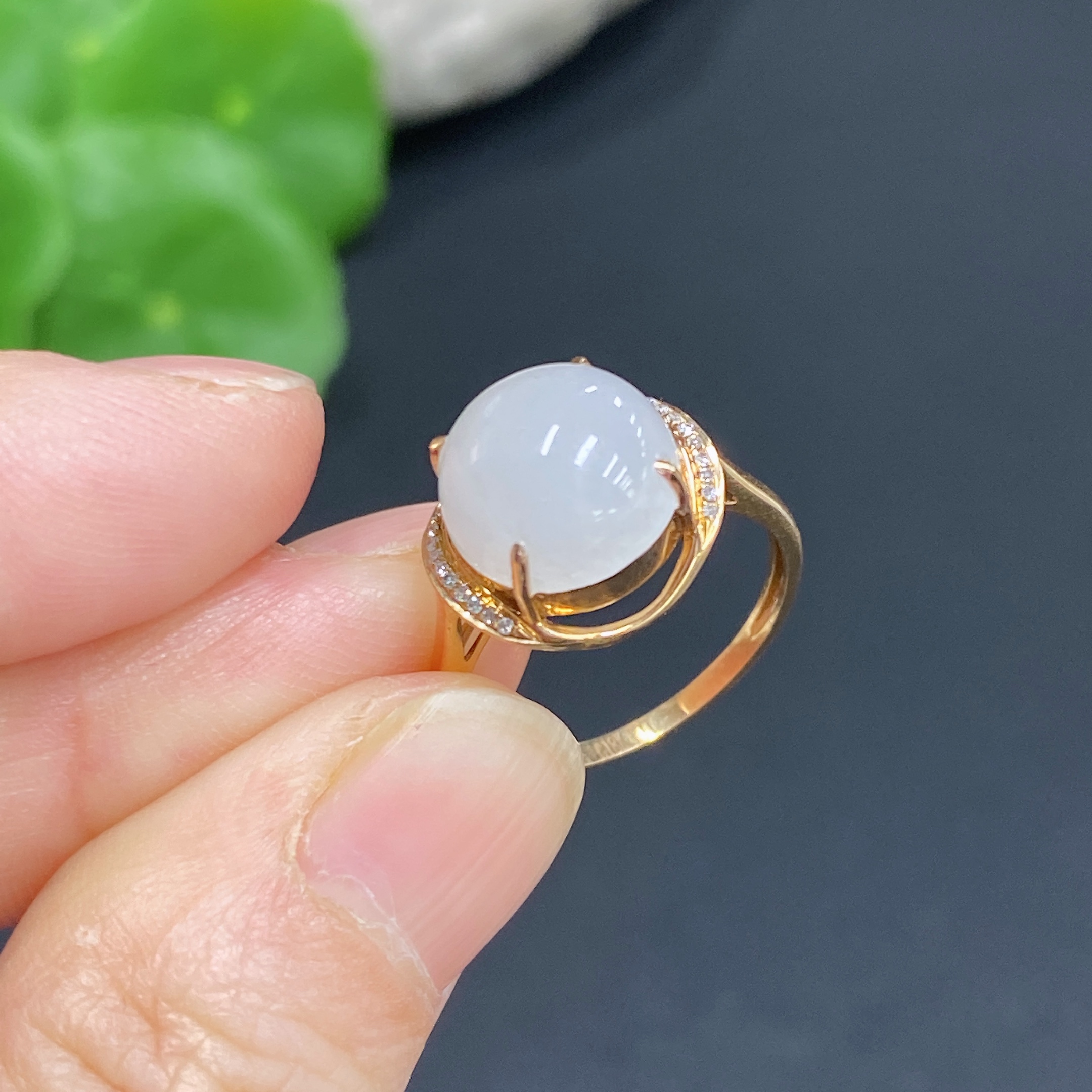H33859041 Hetian Jade Inlaid Ring 18k Gold Size 13 with Diamond Accents Total Weight Approx. 2.2g