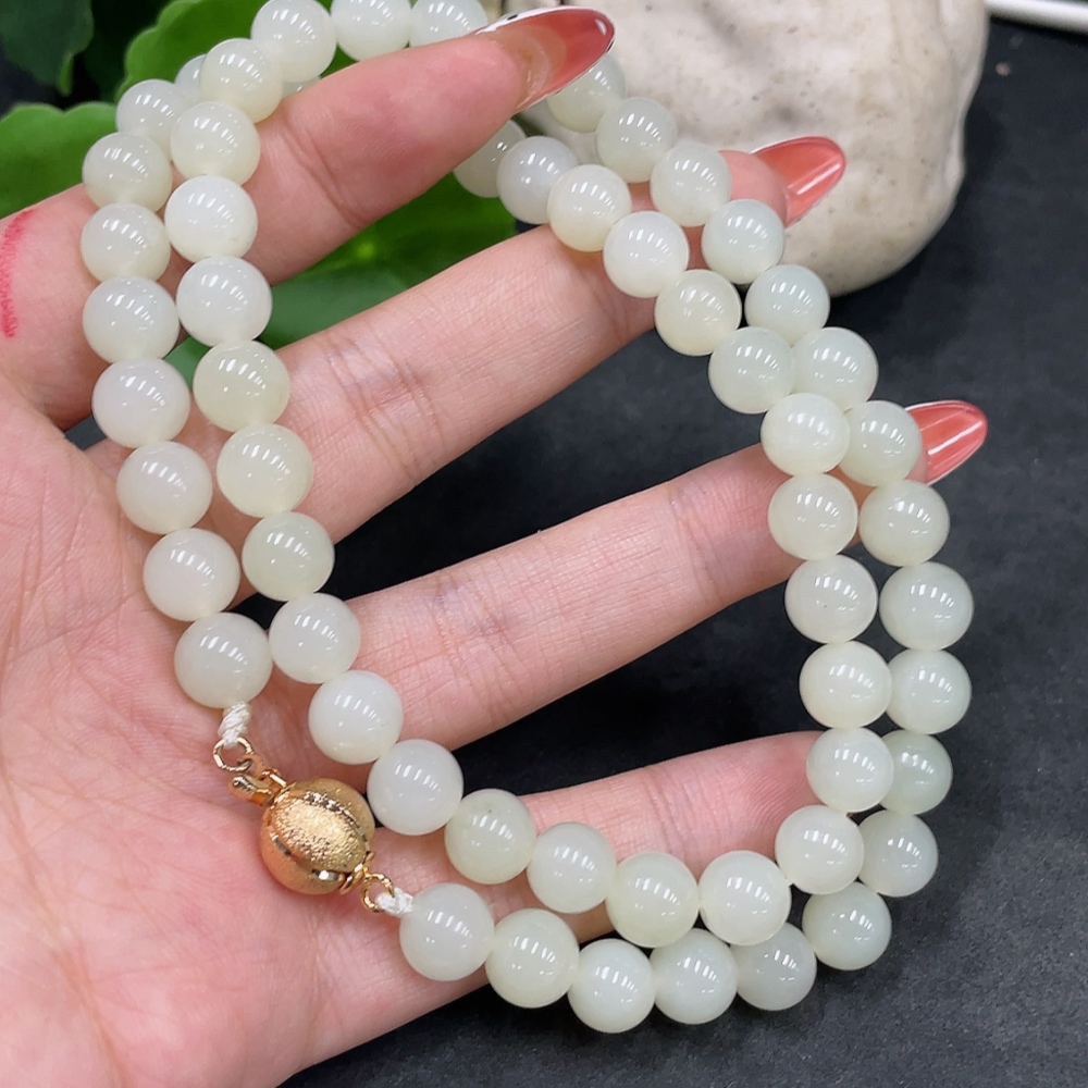 H34016810 Hetian Jade Bead Necklace, Approx. 8.1mm, Non-Gold Inlaid, Total Weight Approx. 52.9g
