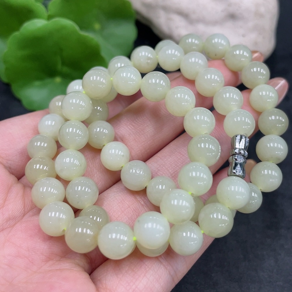 H32778242 Hetian Jade Bead Necklace Approx. 7.8mm Non-Gold Total Weight Approx. 44.4g