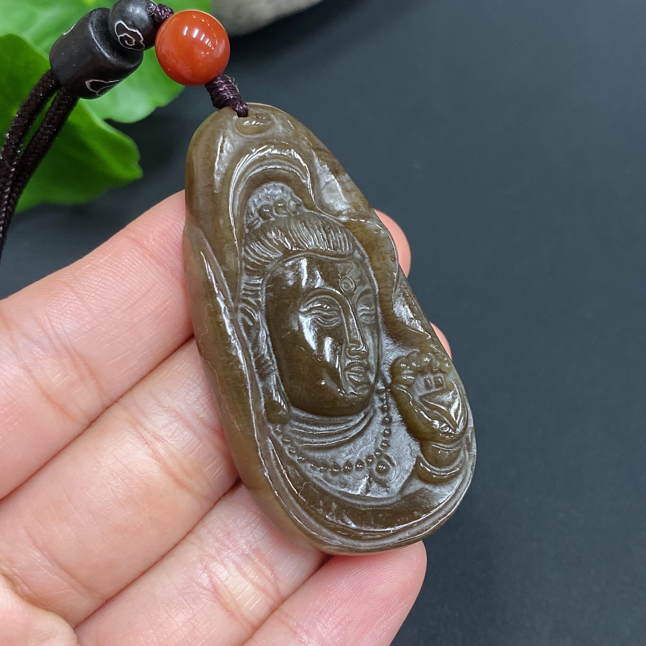H14533874 Khotan jade pendant Guanyin gross weight approx. (including rope) 25.4g