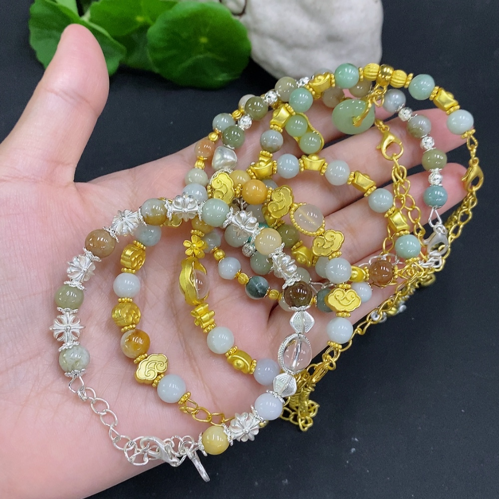 F34001794 Jadeite Bead Necklace Sell as a Lot Non-gold Setting (Yellow Color Origin Undetermined) (Contains Other Mineral Components) (Matching Beads Not Grade A)