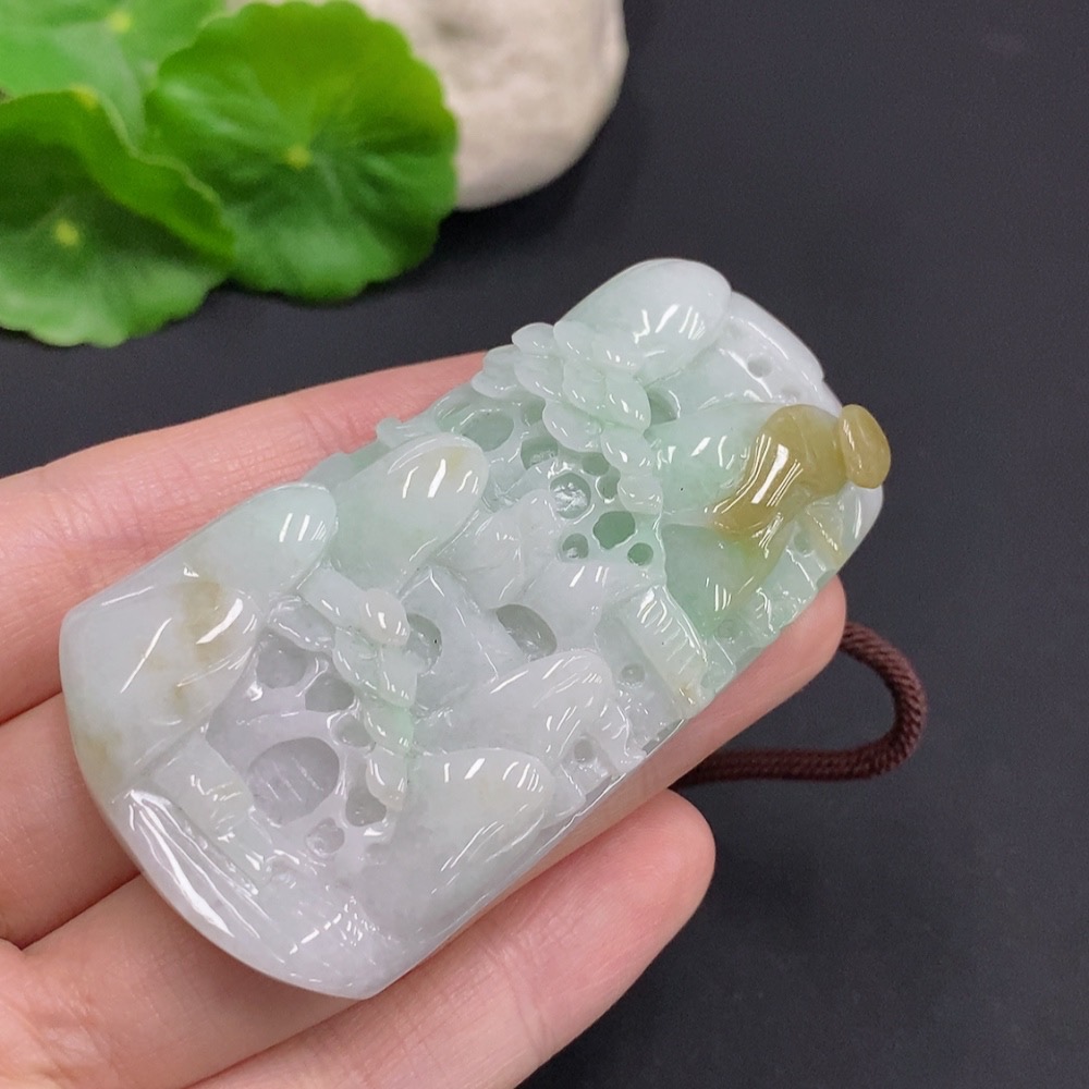 F35159511 Jadeite Landscape Pendant Total Weight Approx. 68.1g (Including Cord Weight) With Non-Jadeite Beads